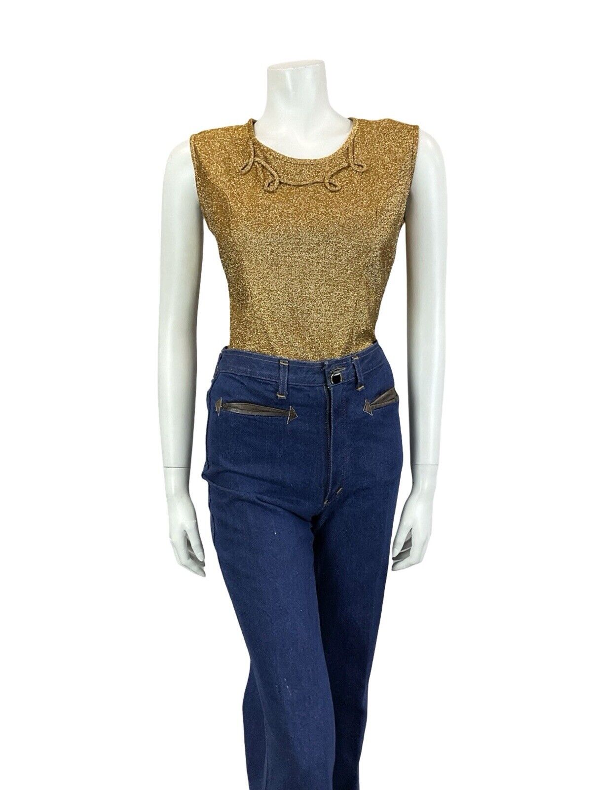 VTG 60S GOLD LUREX SWIRL PIPING ROUNDED NECK SLEEVELESS FITTED PARTY TOP 10