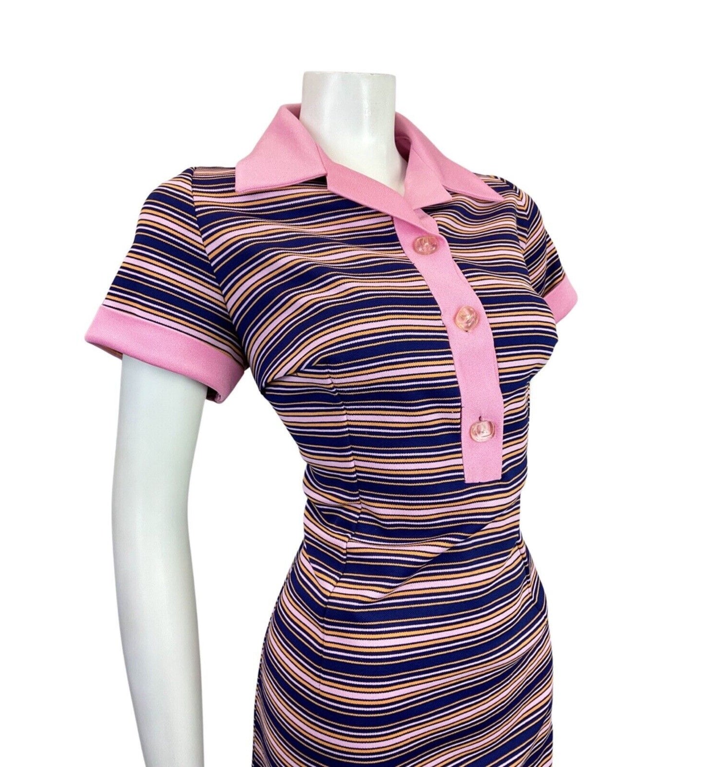 VINTAGE 60s 70s NAVY BLUE BABY PINK STRIPED MOD SHIRT DRESS 12 14