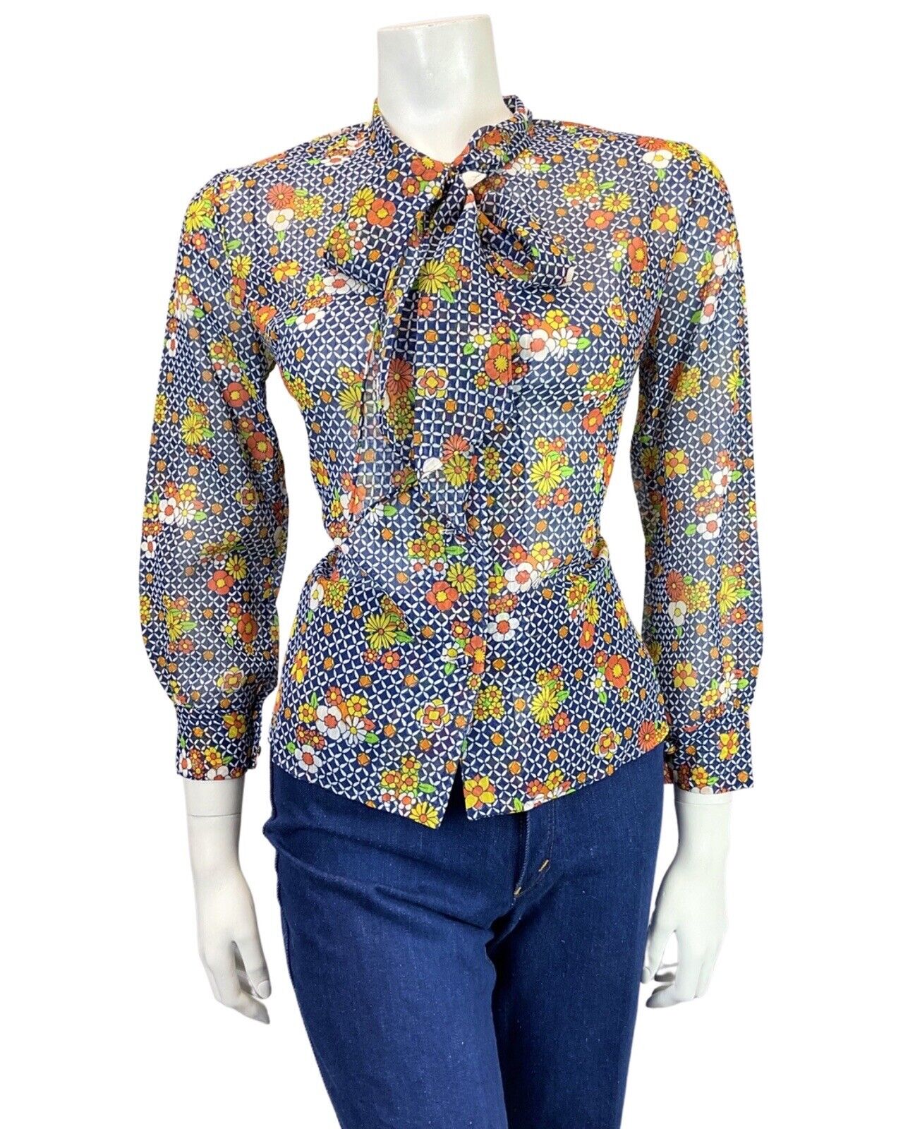 VINTAGE 60s 70s BLUE WHITE ORANGE CHECKED FLORAL PUSSYBOW SHEER BLOUSE 10 12