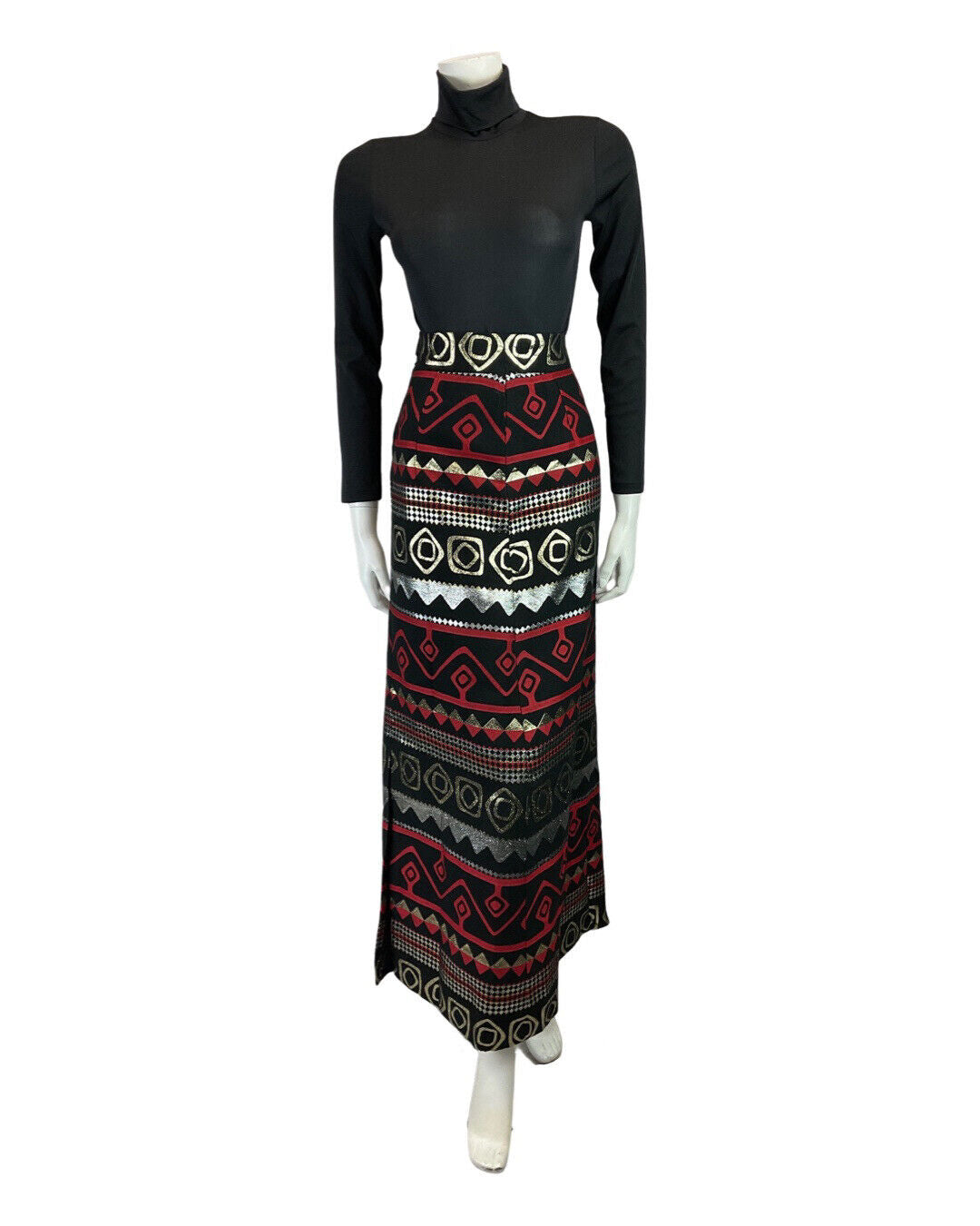VINTAGE 60s 70s BLACK SILVER RED METALLIC EMBROIDERED GEOMETRIC MAXI SKIRT 8 10