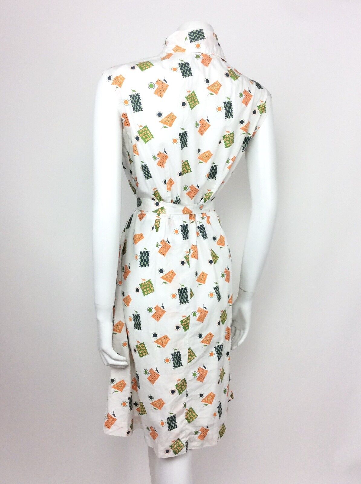 VINTAGE 60s 70s WHITE GEOMETRIC FLORAL ORANGE BLUE GREEN SHIRT DRESS 14