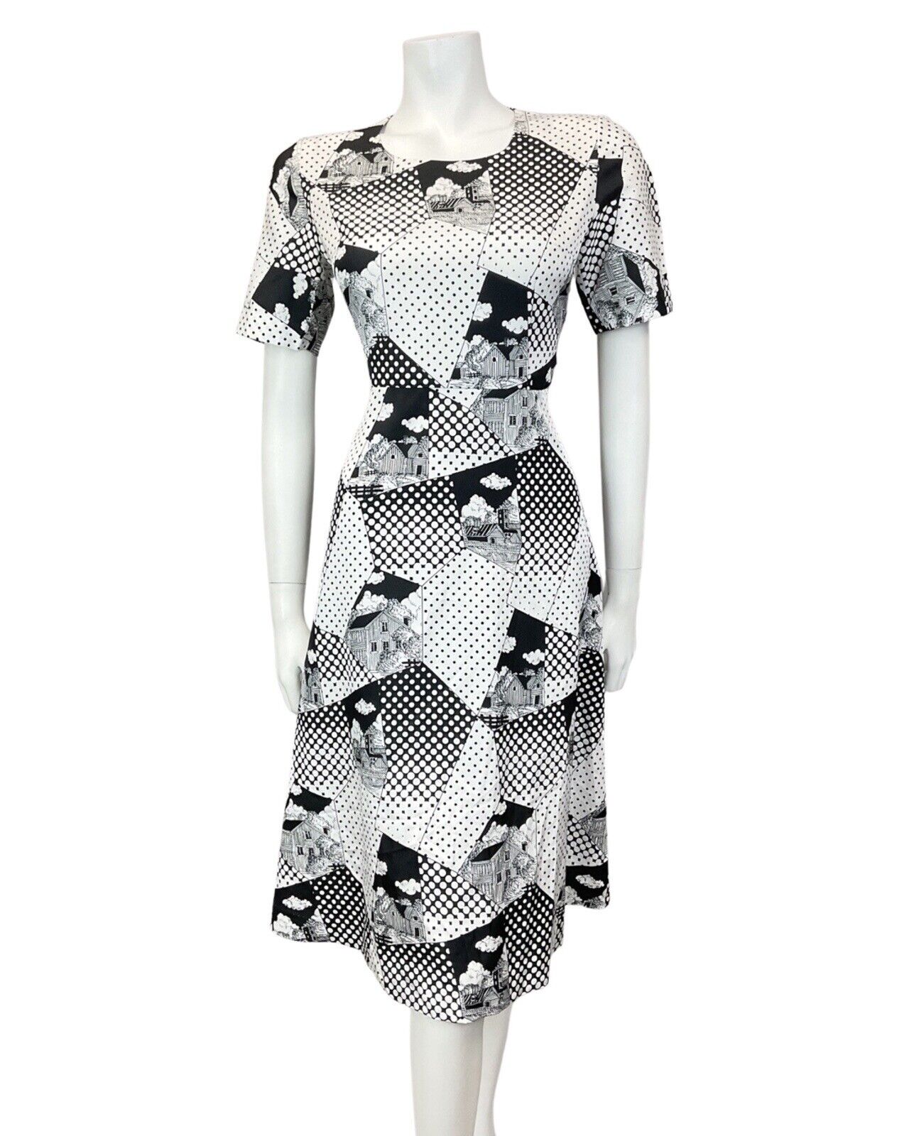 VINTAGE 60s 70s WHITE BLACK POLKA-DOT COTTAGE GEOMETRIC MOD SWING DRESS 10 12