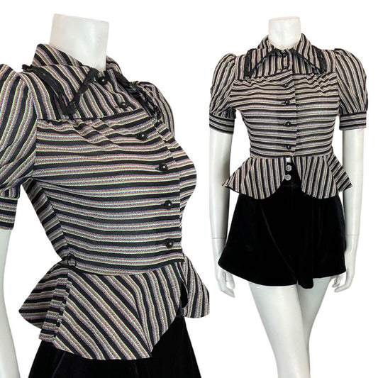VINTAGE 60s 70s BLACK BLUE SILVER STRIPED MOD PARTY PEPLUM LUREX BLOUSE 8 10
