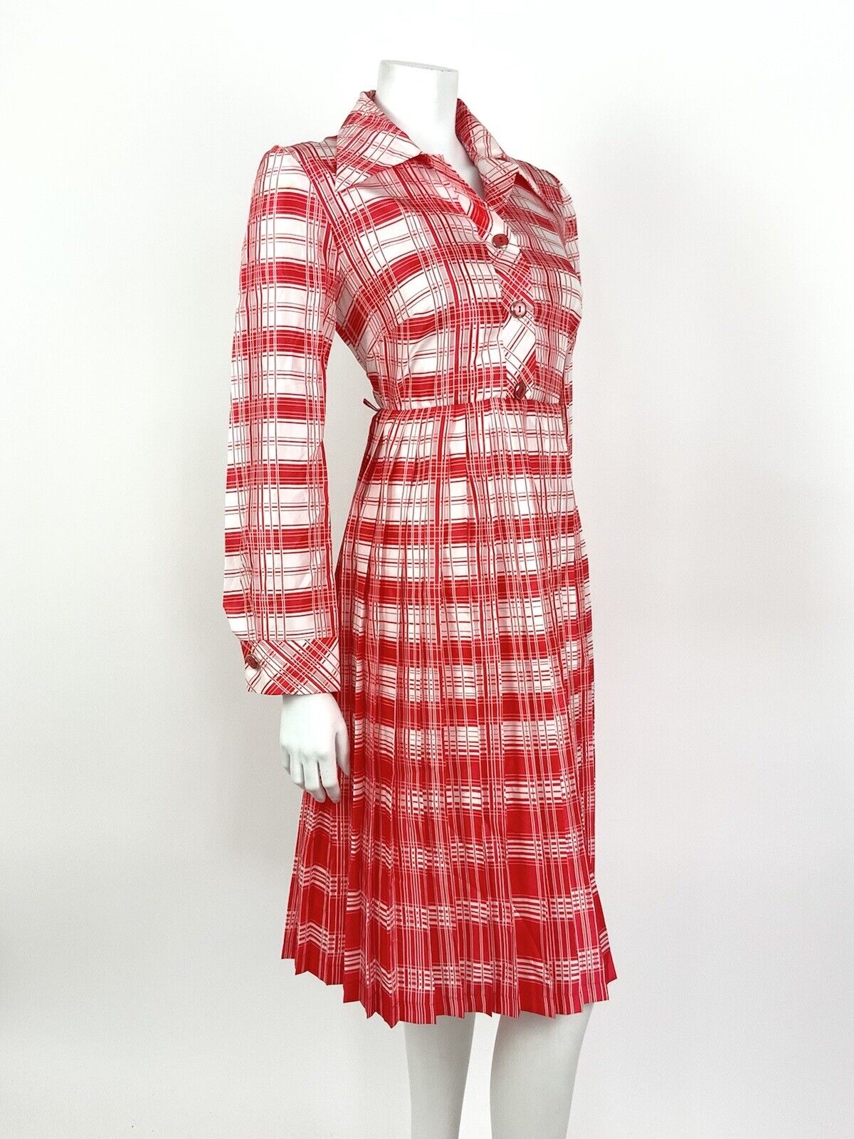 VINTAGE 60s 70s RED WHITE CHECKED PLAID MOD DAGGER COLLAR SHIRT DRESS 12