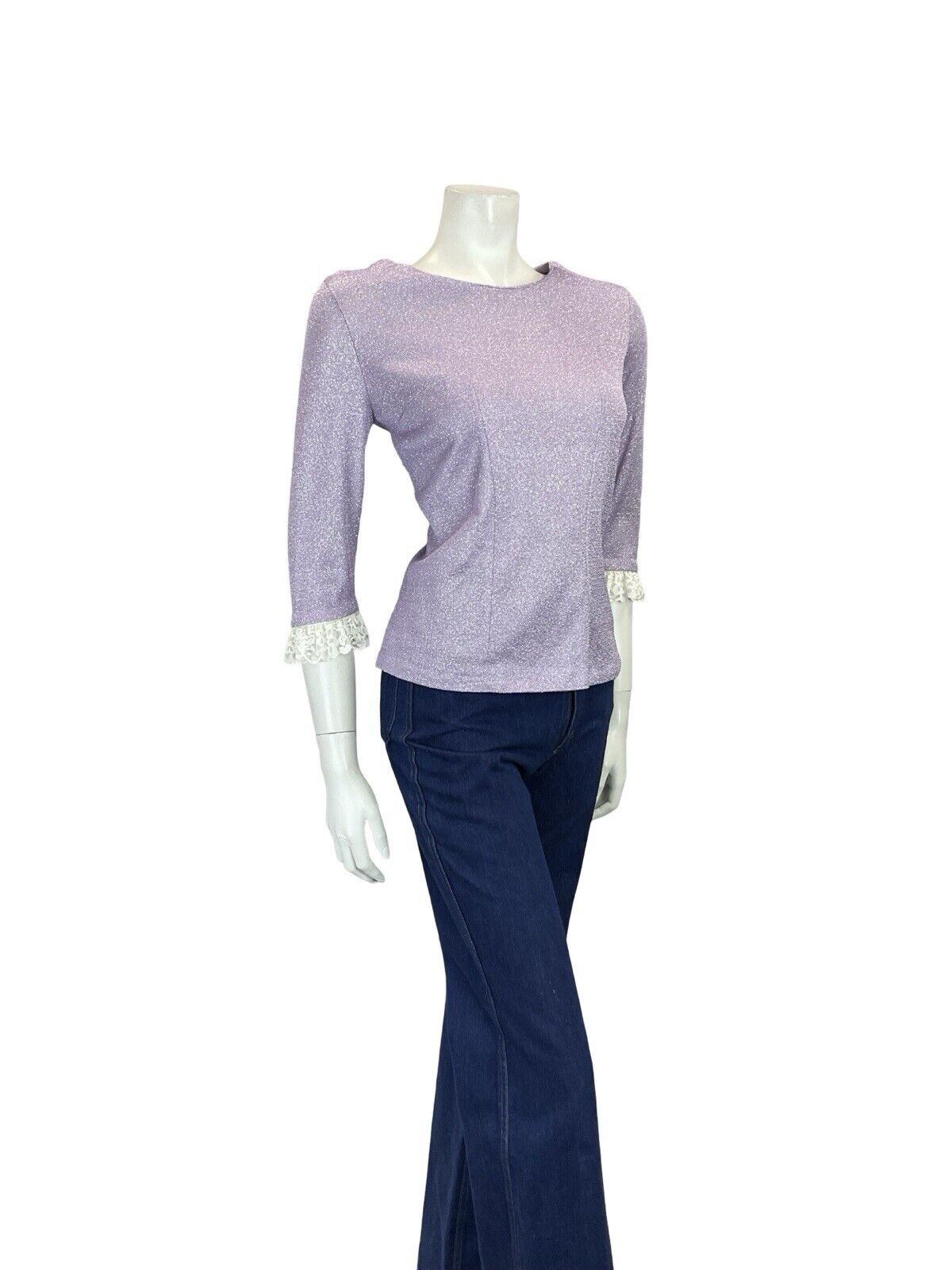 VTG 60S 70S LILAC PURPLE LUREX LACE TRIM 1/2 SLEEVE PARTY PRAIRIE MOD TOP 8