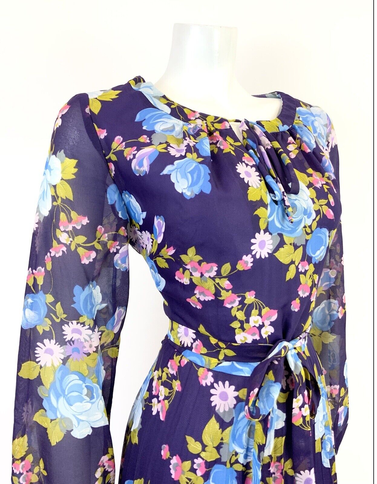VINTAGE 60s 70s PURPLE BLUE PINK FLORAL ROSE PLEATED BOHO FOLK SHEER DRESS 12 14
