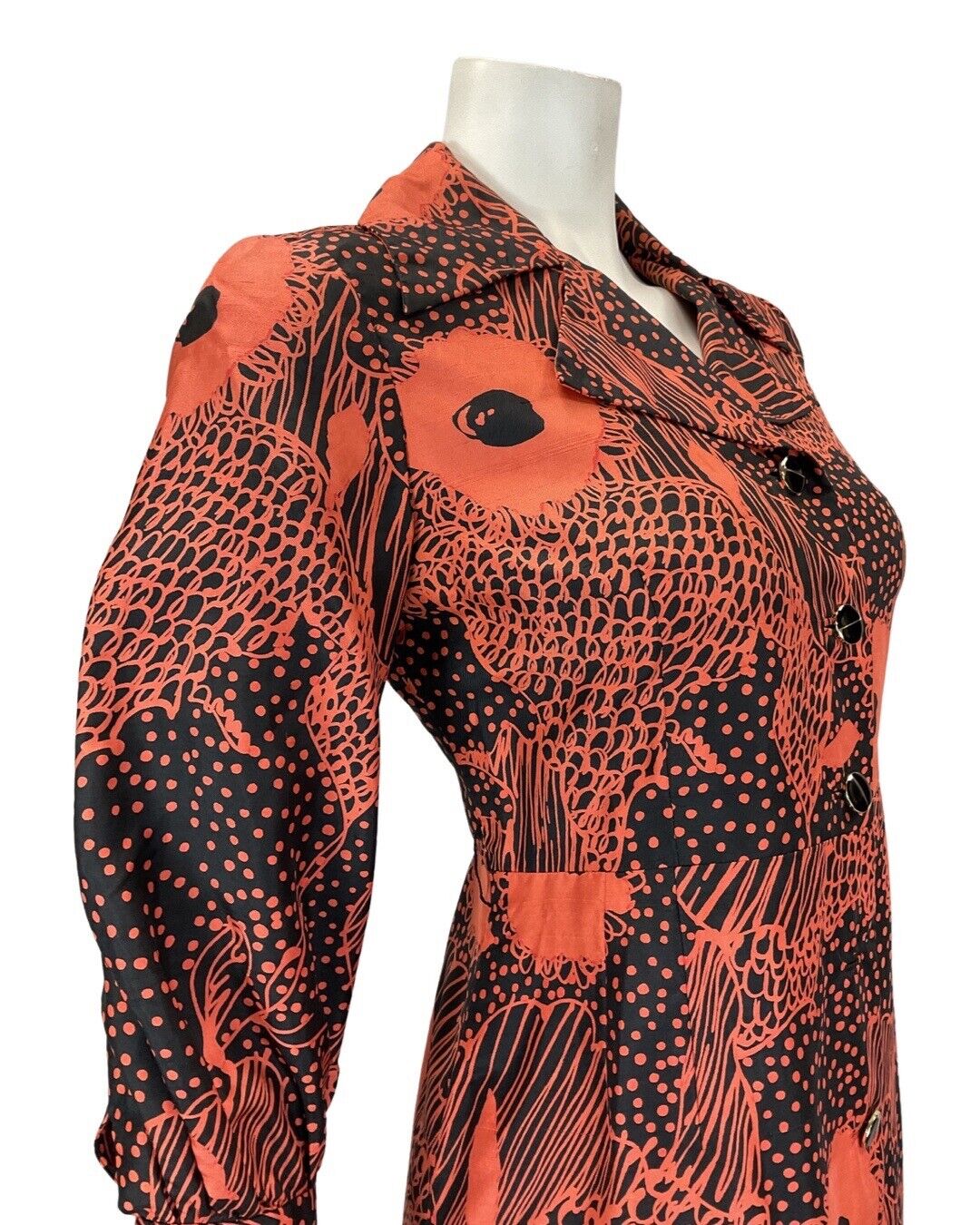 VINTAGE 60s 70s ORANGE BLUE FLORAL PSYCHEDELIC MOD SILK SHIRT DRESS 10