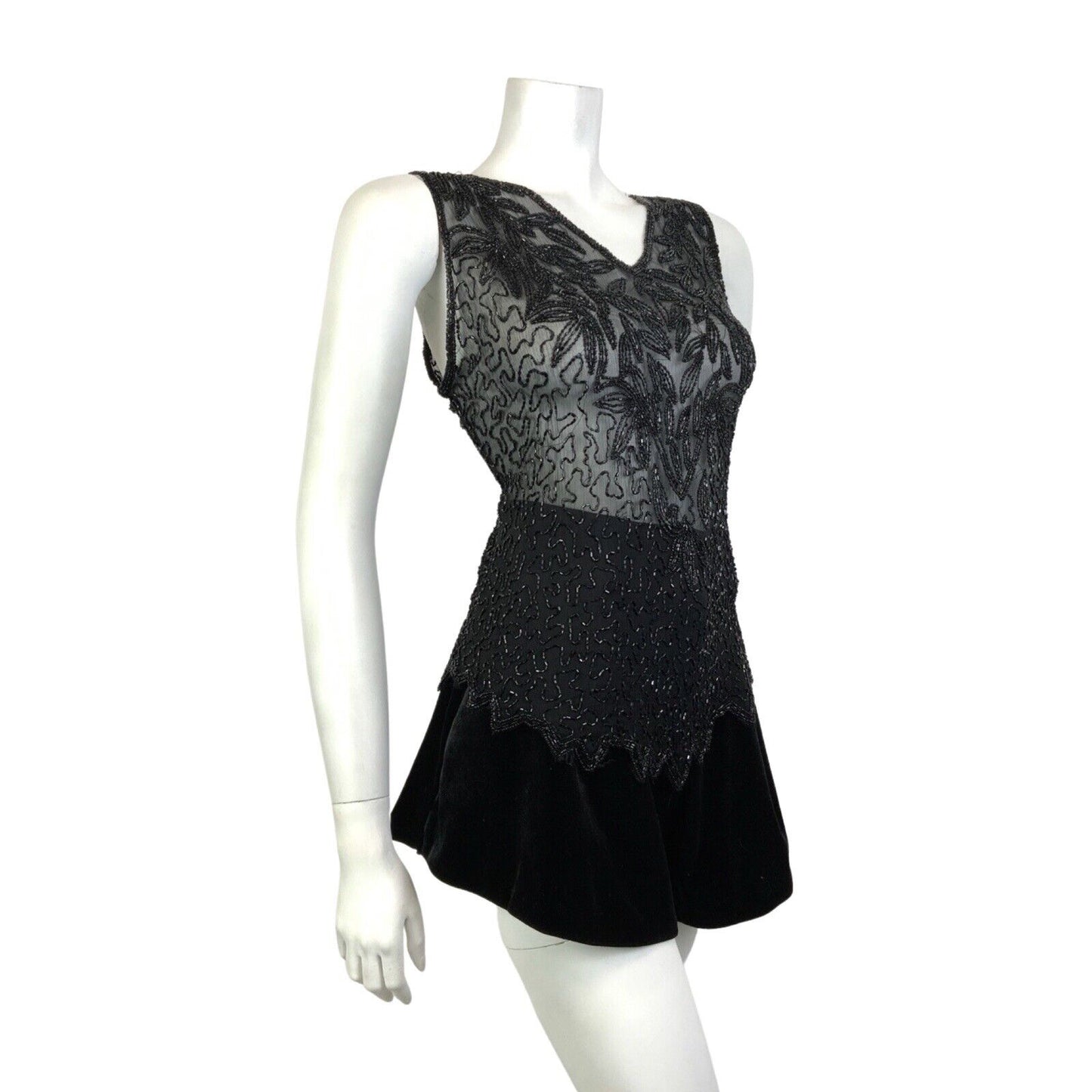 VINTAGE 60s 70s BLACK FLORAL SQUIGGLE SEQUIN BEADED SHEER SLEEVELESS TOP 12 14