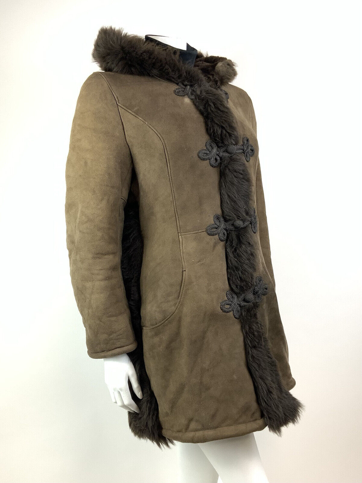 VINTAGE 60s 70s DARK BROWN SUEDE SHEARLING BROCADE HOODED BOHO MOD COAT 14 16