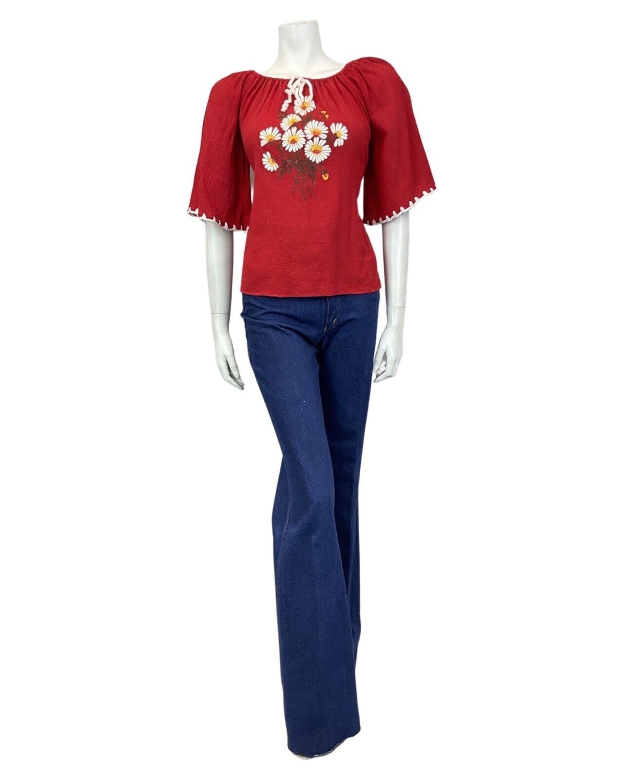 VINTAGE 60s 70s RED WHITE DAISY FLOWER BOHO FOLK PRAIRIE BLOUSE 12
