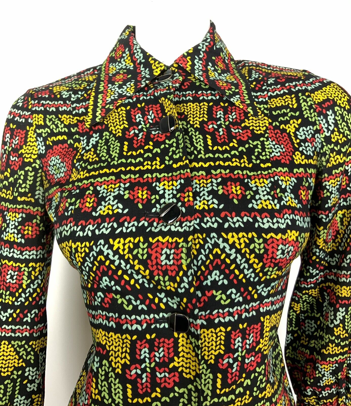VTG 60 70s BLACK BLUE YELLOW RED FLORAL AZTEC FOLK GYPSY DAGGER SHIRT DRESS 8 10