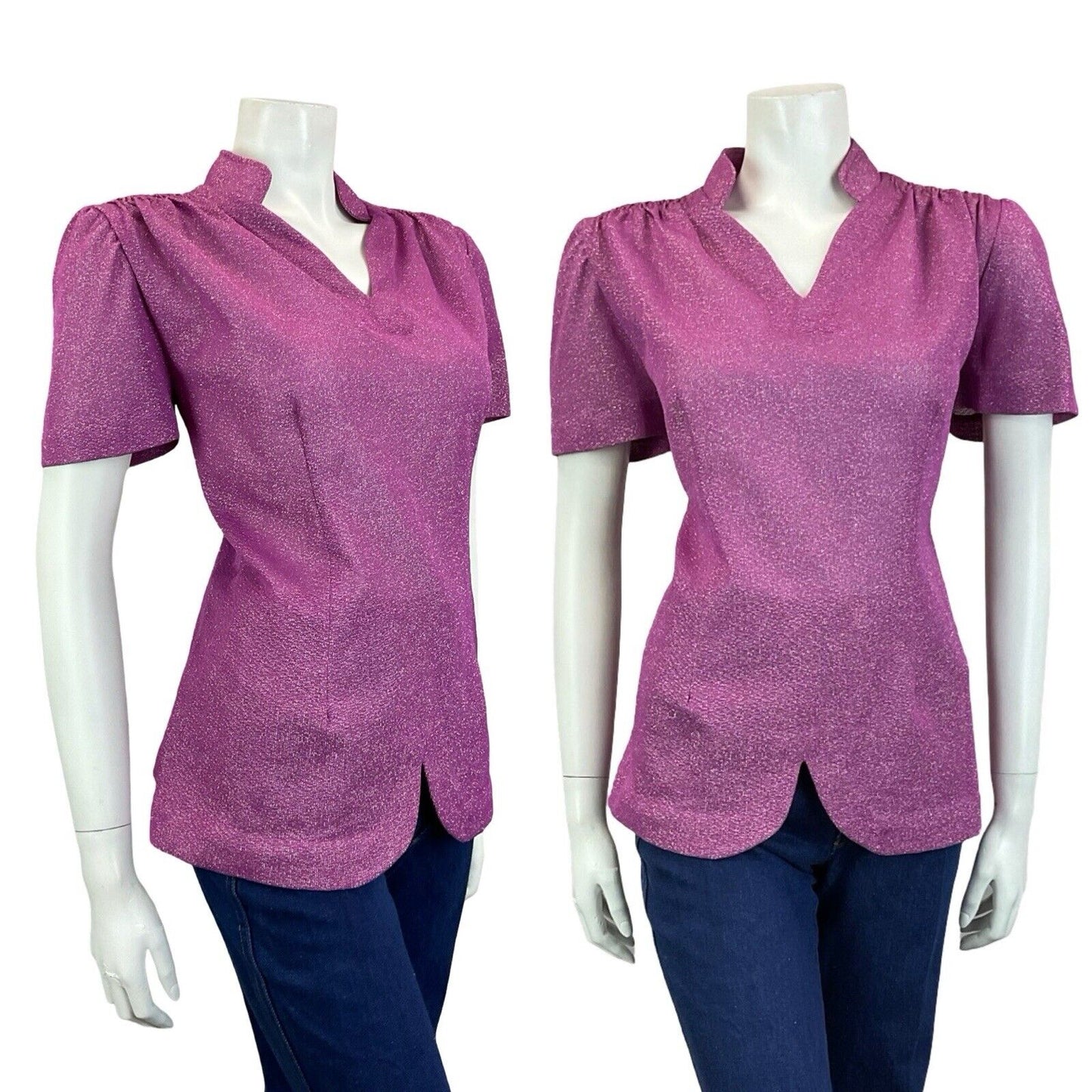 VTG 60S PURPLE OPEN MANDARIN COLLAR SHORT SLEEVE SCALLOPED DART PARTY TOP 16