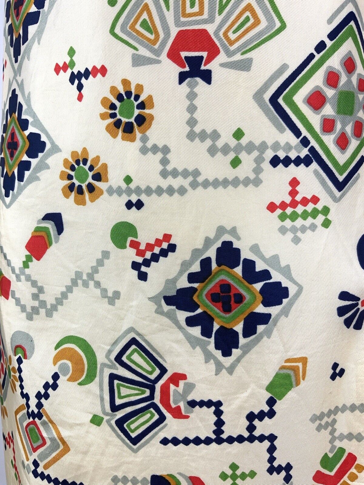 VINTAGE 60s 70s CREAM BLUE RED GREEN AZTEC FLORAL GEOMETRIC MOD DRESS 12 14