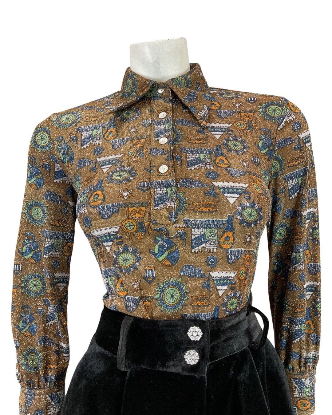 VINTAGE 70s BROWN SILVER BLUE CASTLE TENT MOD DAGGER COLLAR LUREX SHIRT 12