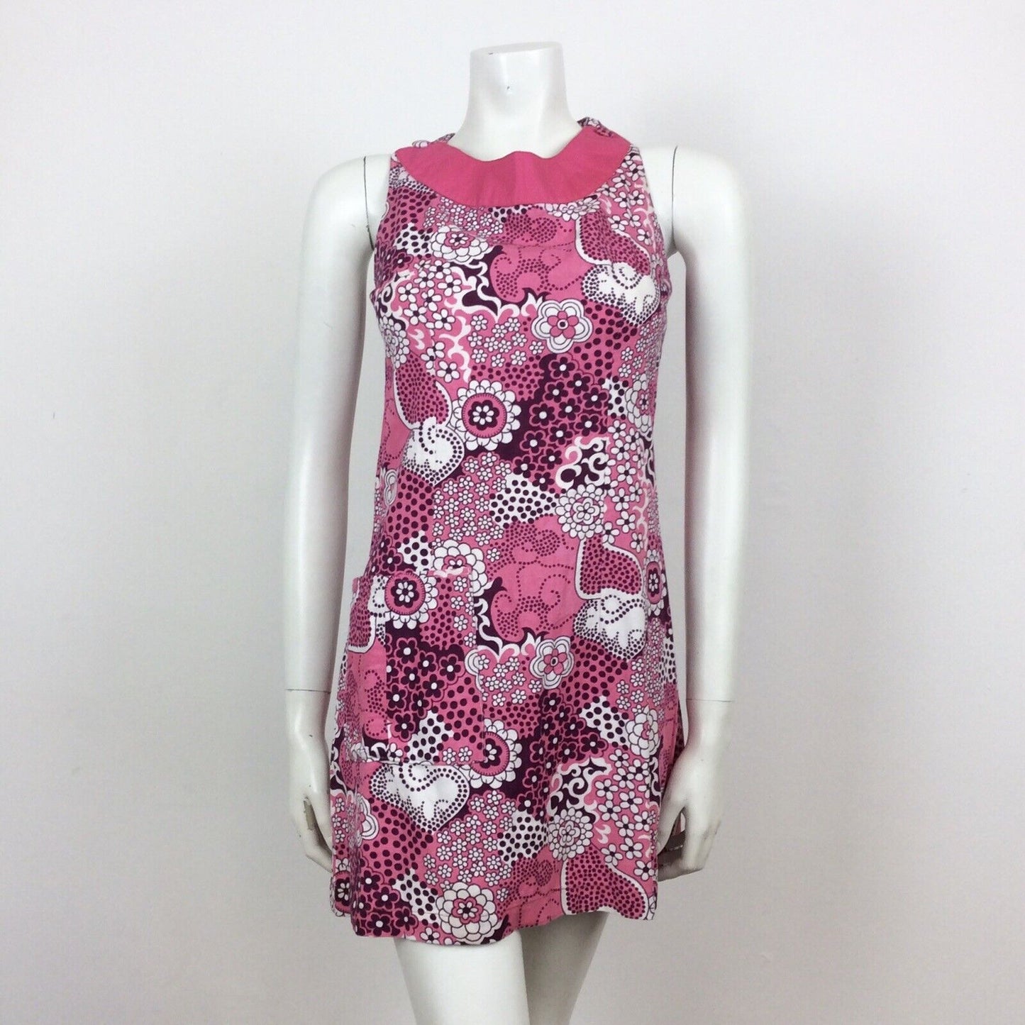 VINTAGE 60S COTTON PINK PURPLE PSYCHEDELIC FLORAL MINI DRESS 8 10