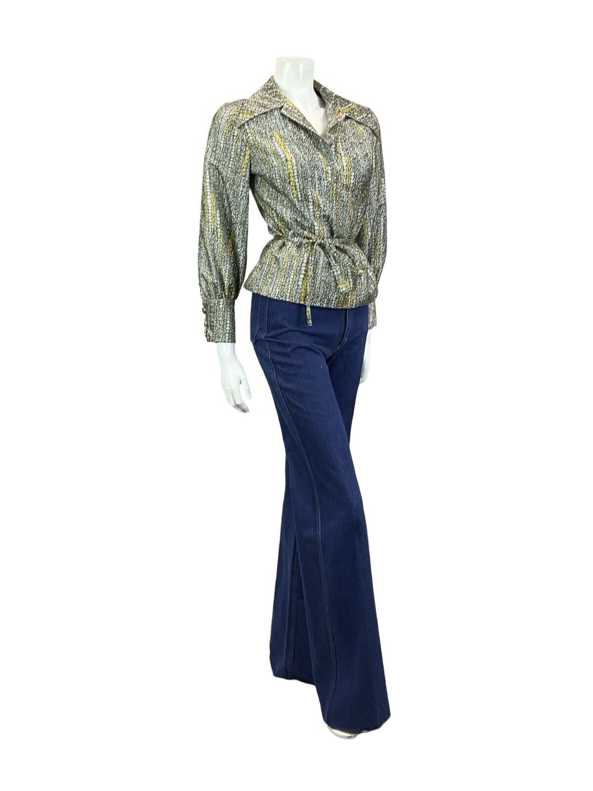 VTG 70S SILVER GOLD SPOTTY METALLIC DAGGER COLLAR BISHOP SLEEVE PARTY SHIRT 8