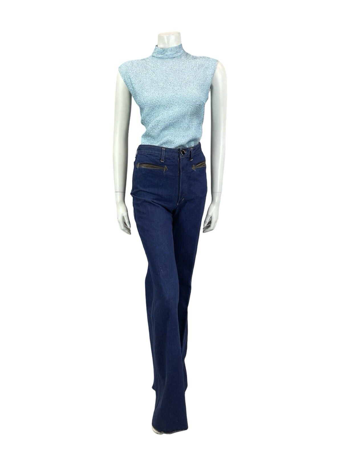 VTG 60S POWDER BLUE MOD GOGO LUREX SLEEVELESS FUNNEL NECK SHIFT PARTY TOP 10