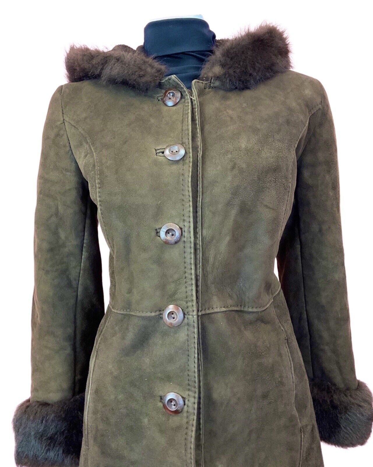 VINTAGE 60s 70s DARK BROWN SUEDE LEATHER SHEARLING HOODED PRINCESS COAT 14 16