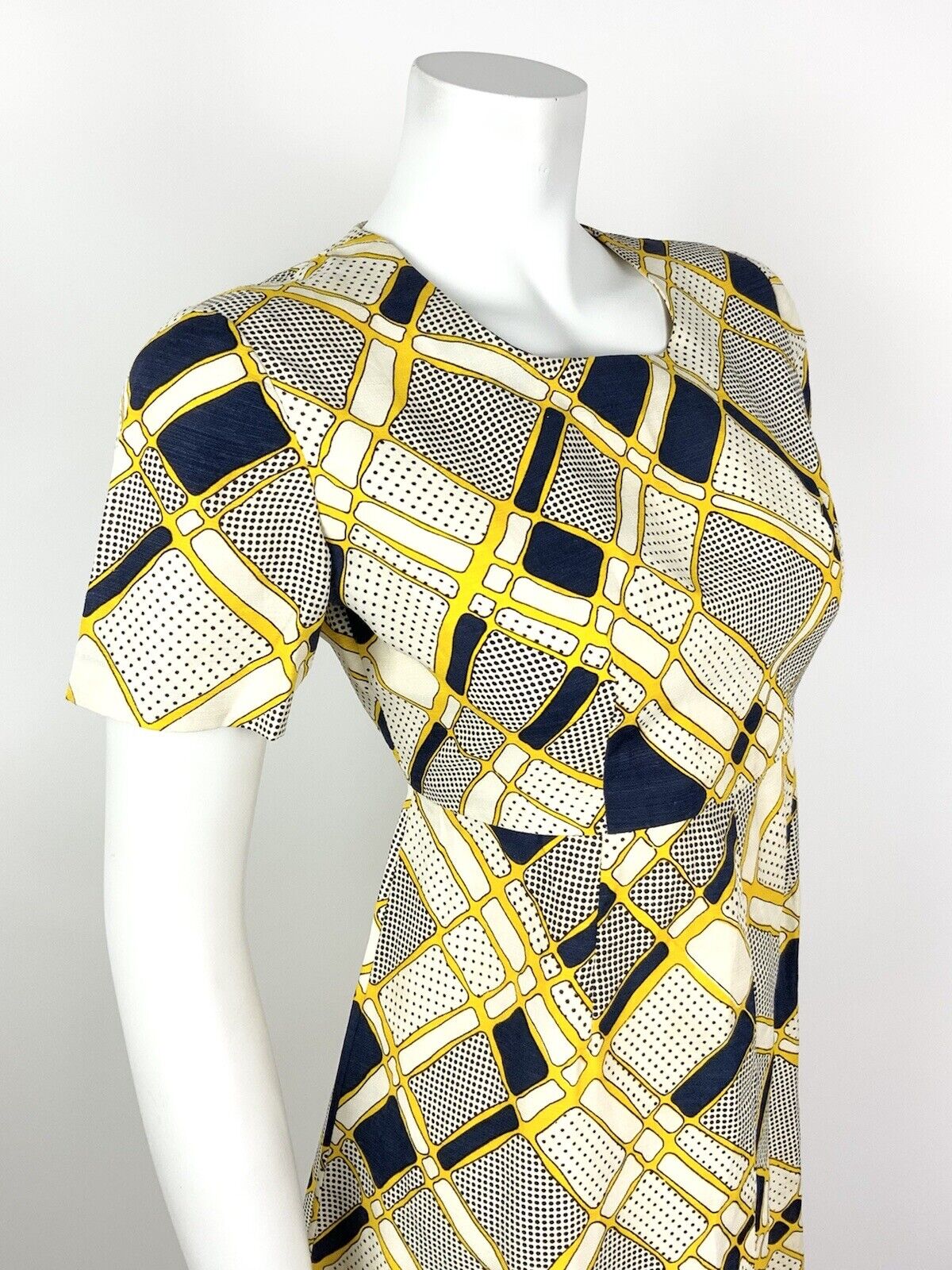 VINTAGE 60s 70s WHITE NAVY BLUE YELLOW GEOMETRIC POLKA-DOT MOD DRESS 10 12