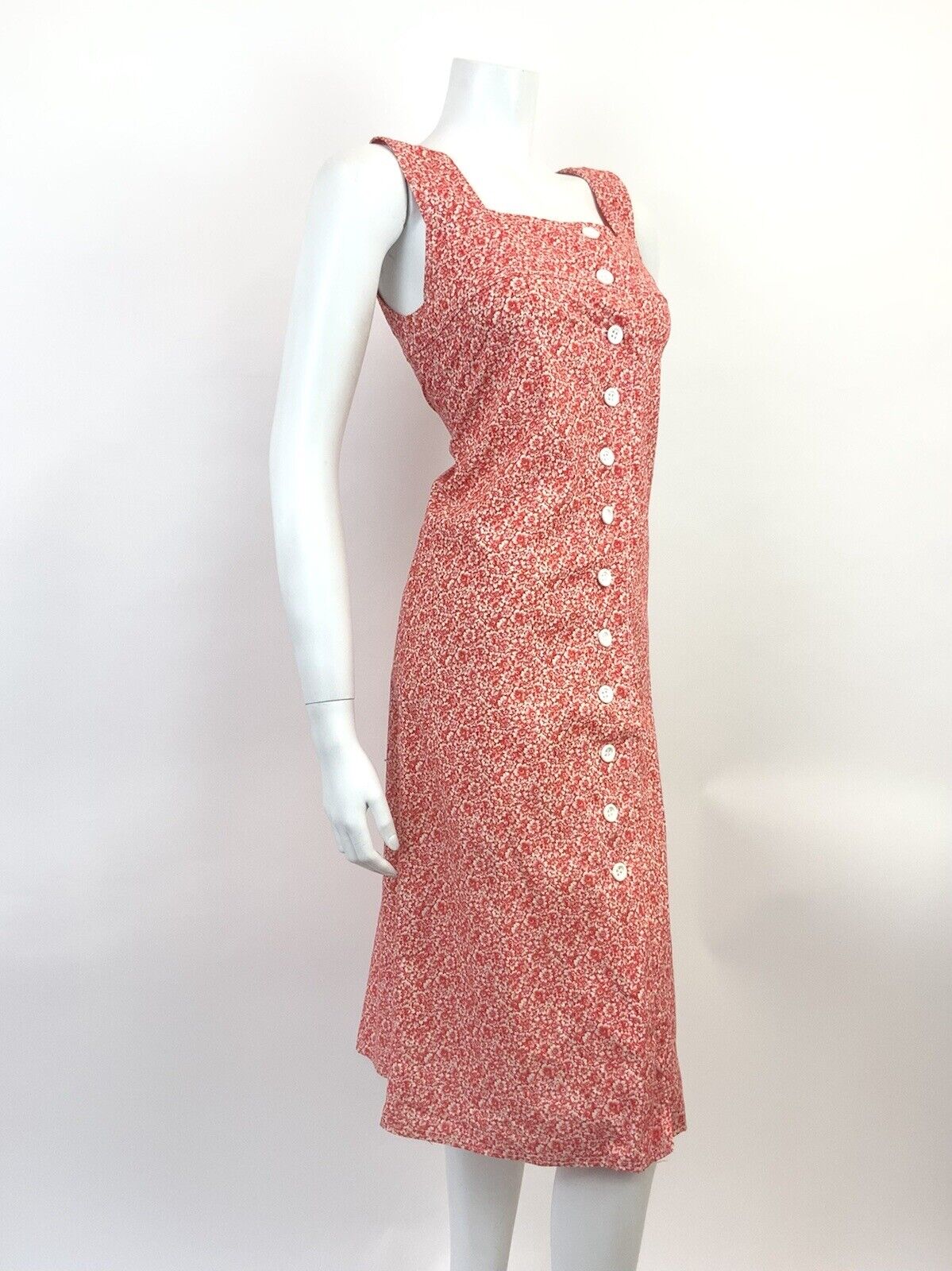 VTG 60s 70s RED WHITE FLORAL DITSY MOD BOHO PINAFORE SLEEVELESS SHIFT DRESS 8