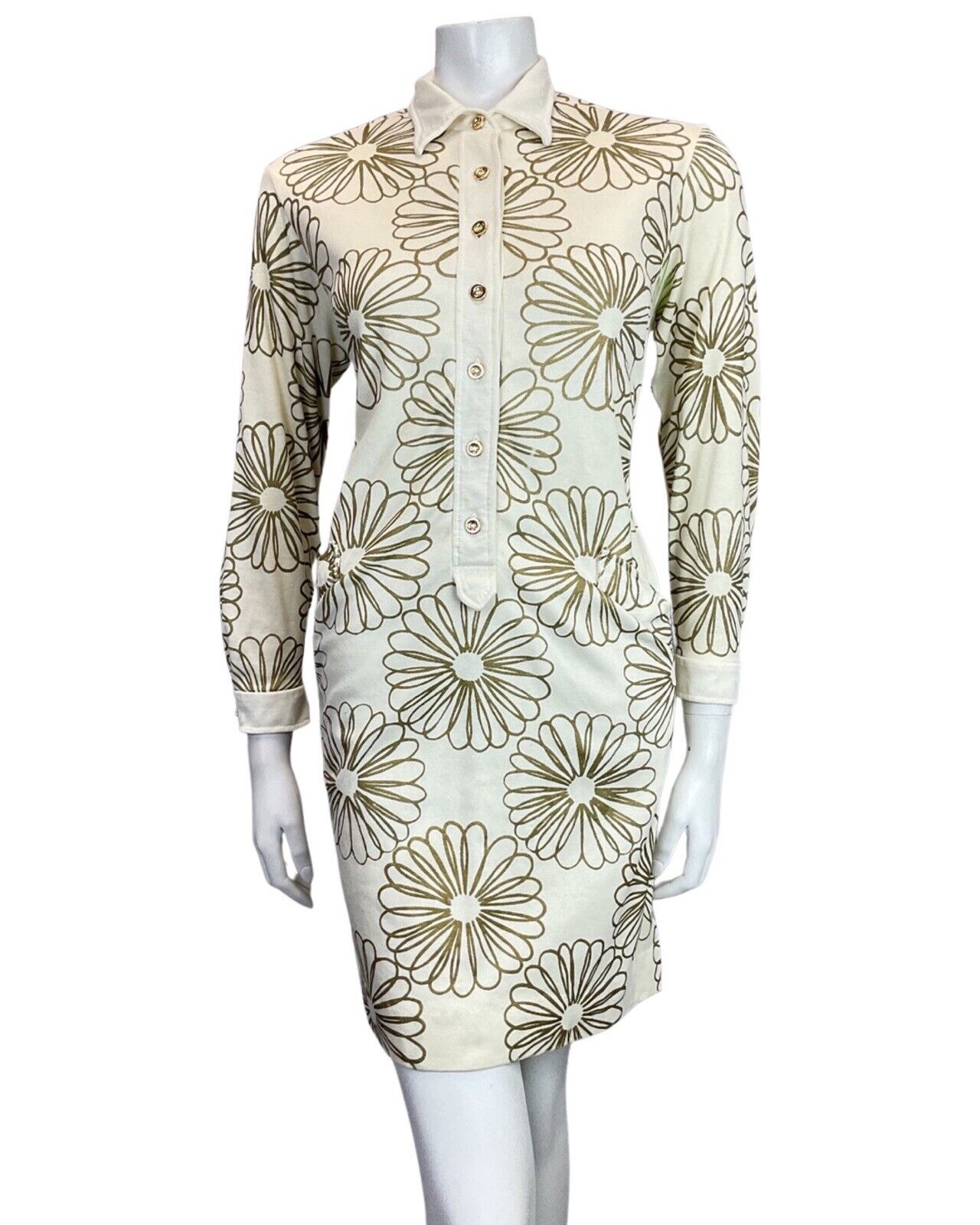 VINTAGE 60s 70s CREAM GOLD FLORAL MOD SHIRT SCOOTER DRESS 10 12