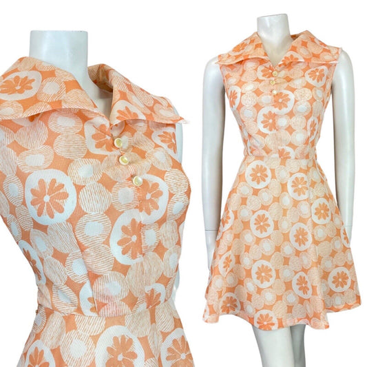 VINTAGE 60s 70s ORANGE PEACH WHITE DAISY DOTTY MOD SHIURT SWING DRESS 10 12