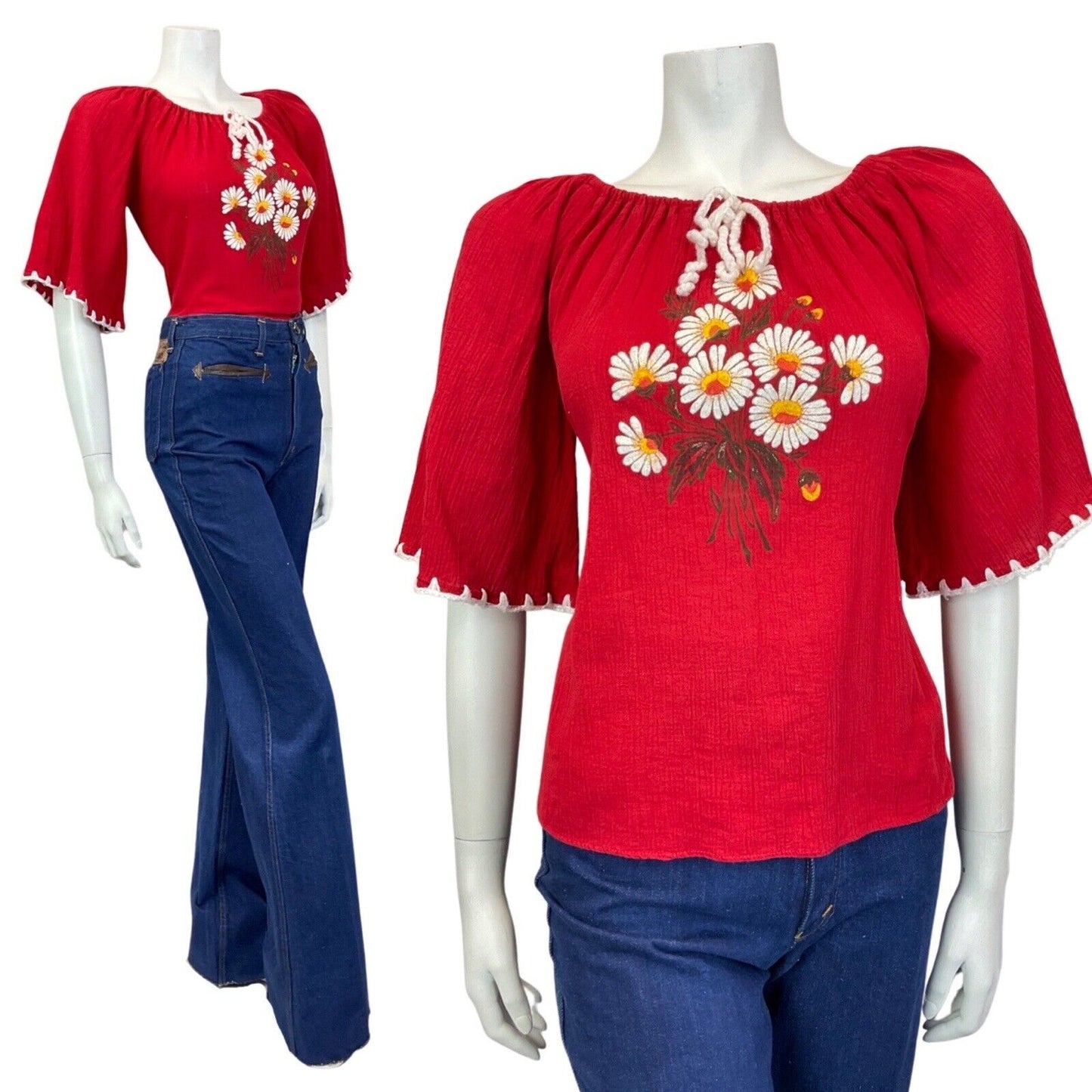 VINTAGE 60s 70s RED WHITE DAISY FLOWER BOHO FOLK PRAIRIE BLOUSE 12