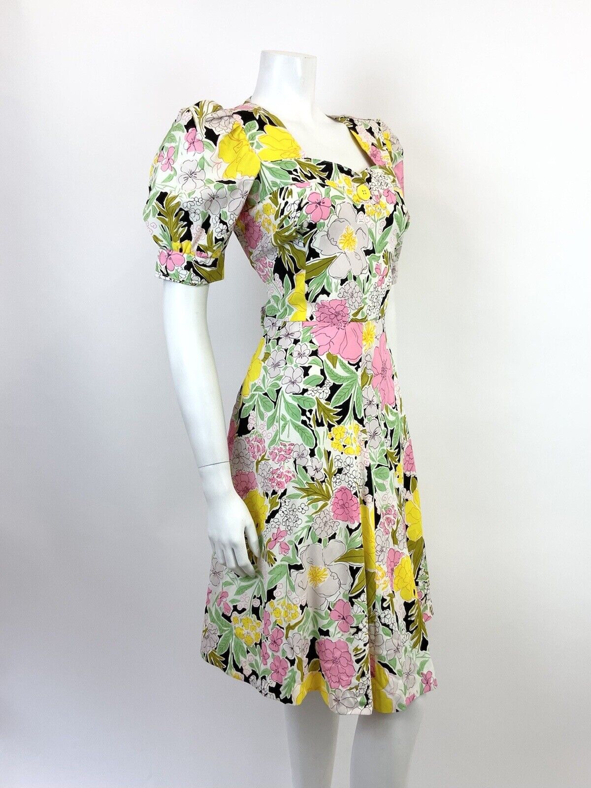 VINTAGE 60s 70s WHITE GREEN PINK BLACK FLORAL PUFF SLEEVE MOD SWING DRESS 10 12