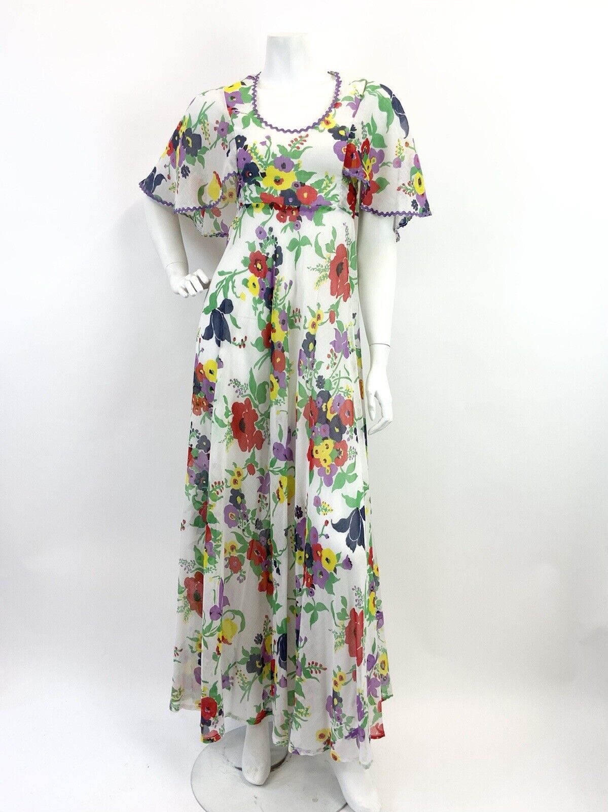VTG 60s 70s WHITE PURPLE RED GREEN FLORAL RICRAC SHEER CAPE SLEEVE MAXI DRESS 8