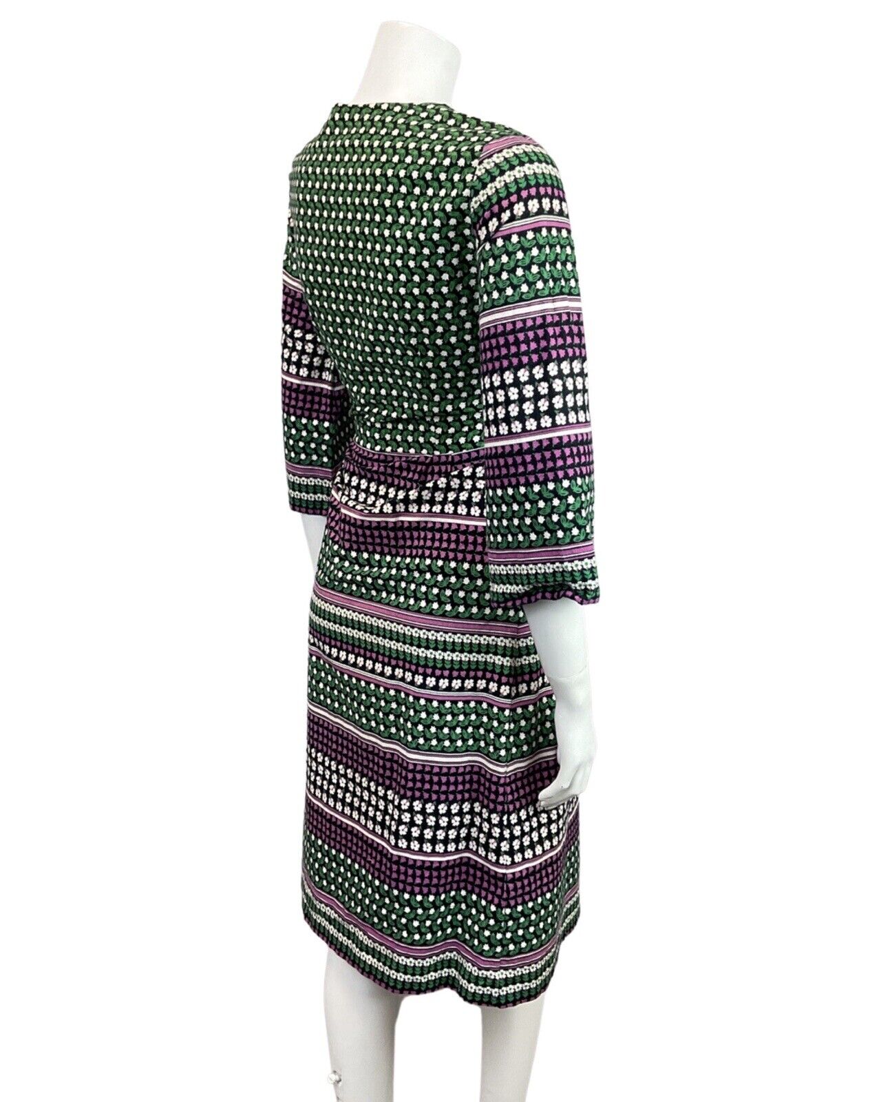 VINTAGE 60s 70s BLACK GREEN PURPLE DAISY FLORAL BELL SLEEVE MOD DRESS 10