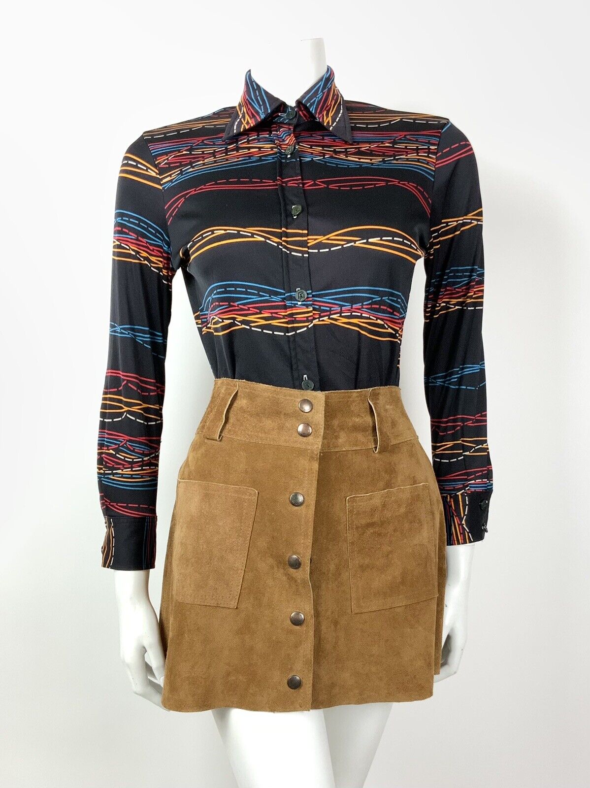 VINTAGE 60s 70s BLACK ORANGE BLUE RED WAVY STRIPED DAGGER COLLAR SHIRT 10 12