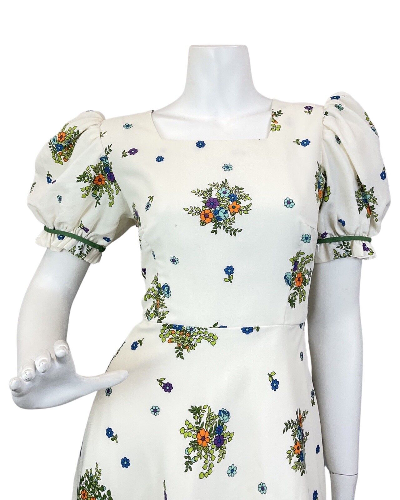VINTAGE 60s 70s CREAM BLUE GREEN FLORAL BOUQUET PUFF SLEEVE BOHO MAXI DRESS 8 10