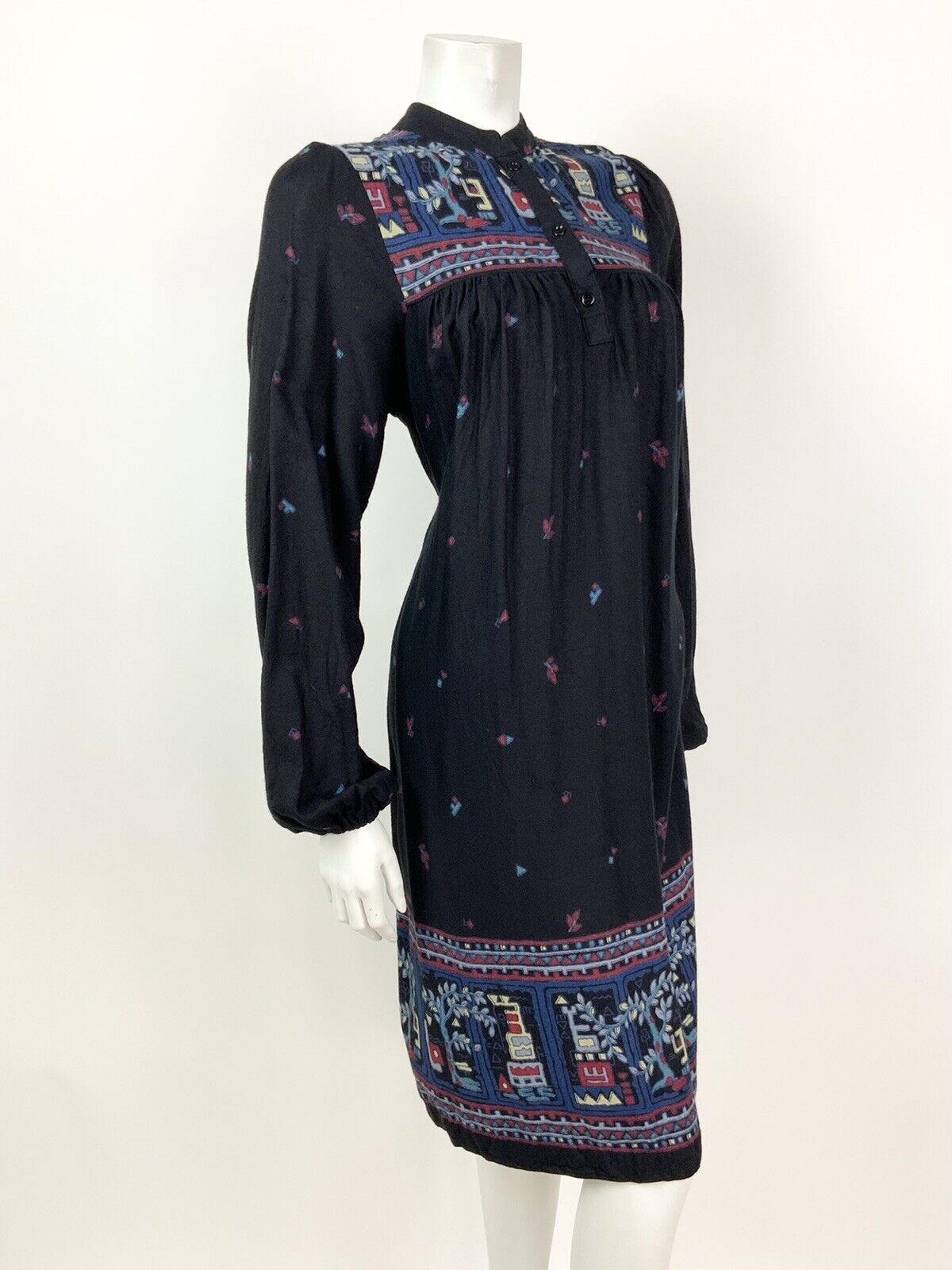 VINTAGE 60s 70s BLACK BLUE RED GEOMETRIC FLORAL KAFTAN BOHO FOLK DRESS 10 12