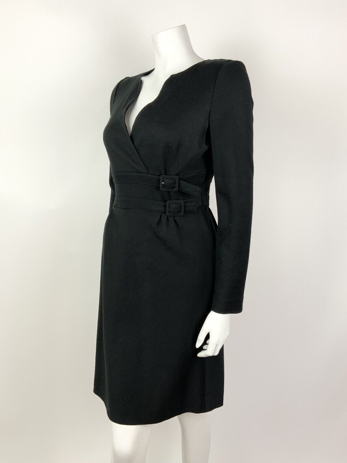 VINTAGE 60s 70s BLACK V-NECK BUCKLE BELT MOD DRESS 10 12