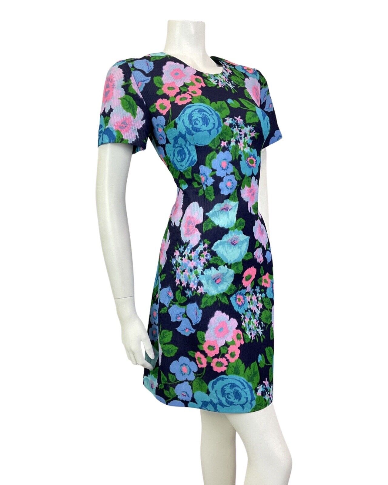 VINTAGE 60s 70s BLUE PURPLE GREEN FLORAL ROSE MOD SHORT DRESS 10 12