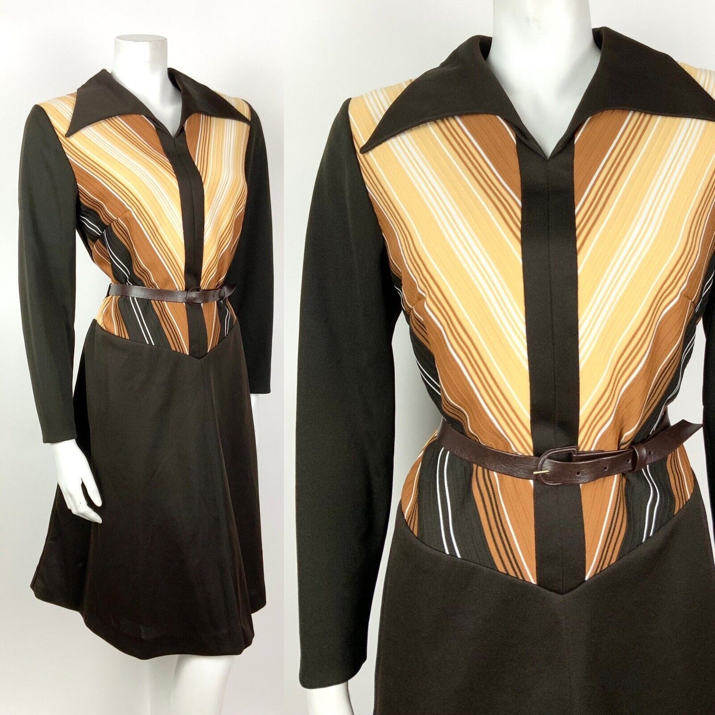 VTG 60s 70s MOD BROWN CREAM WHITE STRIPED WING COLLAR BELTED DRESS 14 16