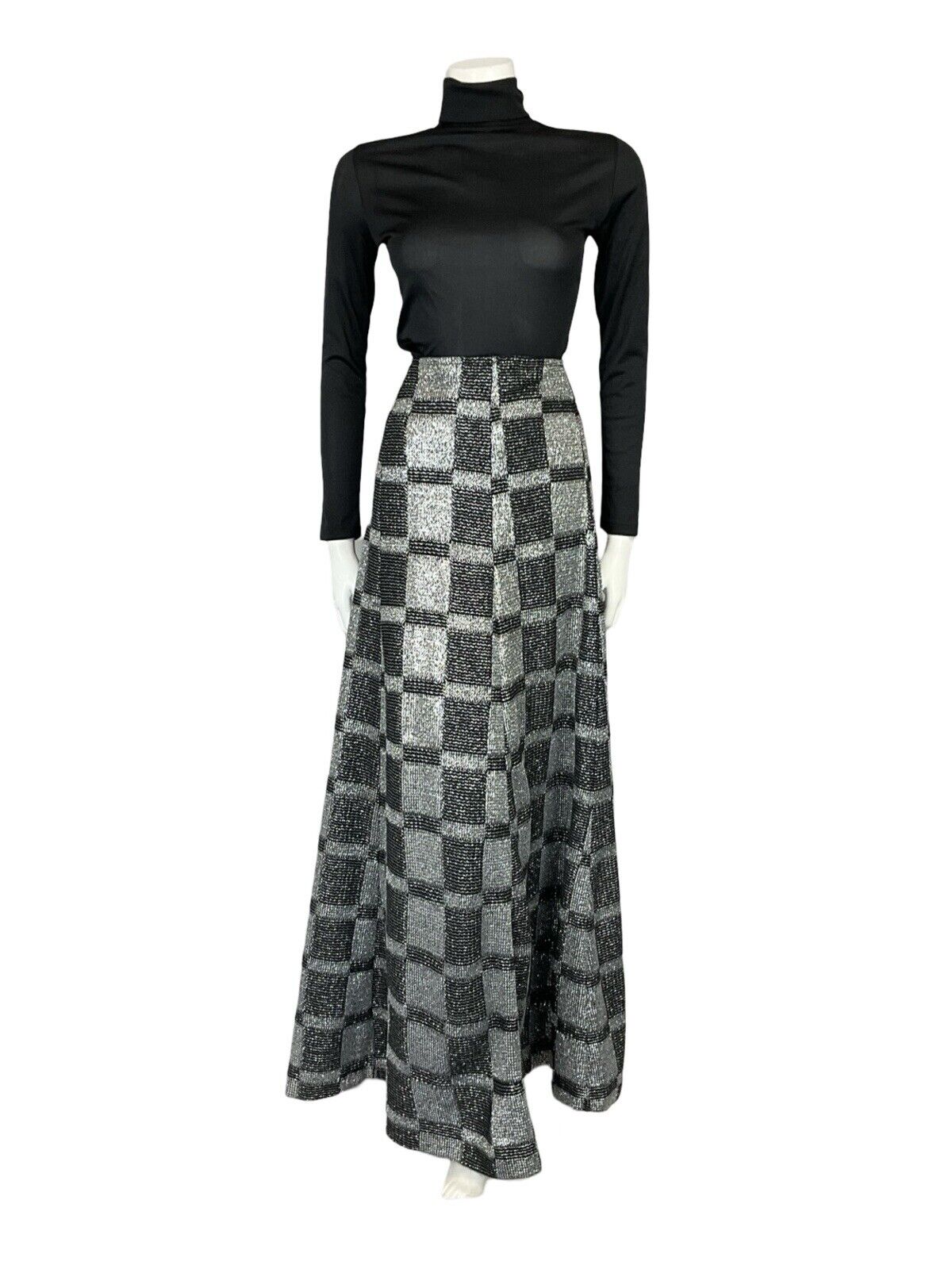 VTG 70S BLACK SILVER LUREX CHECKERBOARD DISCO PARTY MAXI A LINE SKIRT S 8 10