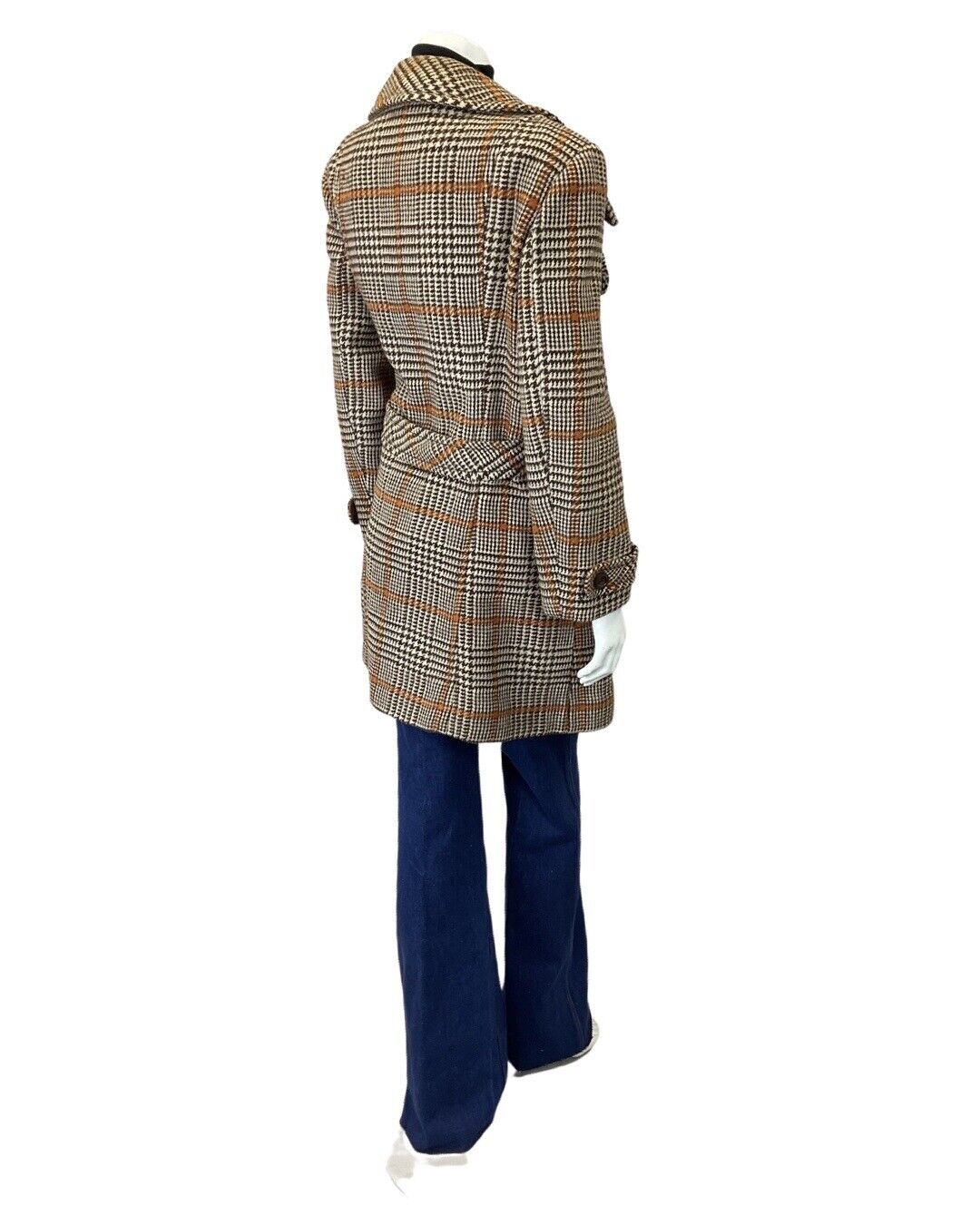 VINTAGE 60s 70s BROWN CREAM ORANGE GLEN CHECKED DOUBLE-BREASTED WOOL COAT 16 18