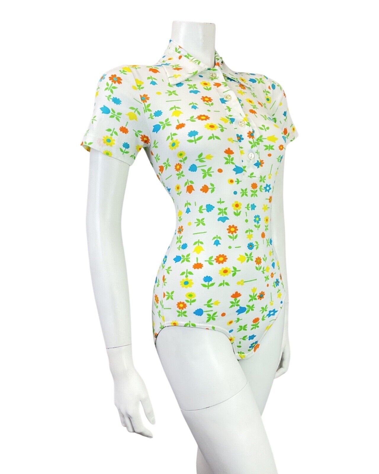 VINTAGE 60s 90s WHITE ORANGE GREEN DAISY TULIP FLORAL MOD SHIRT BODYSUIT 8 10