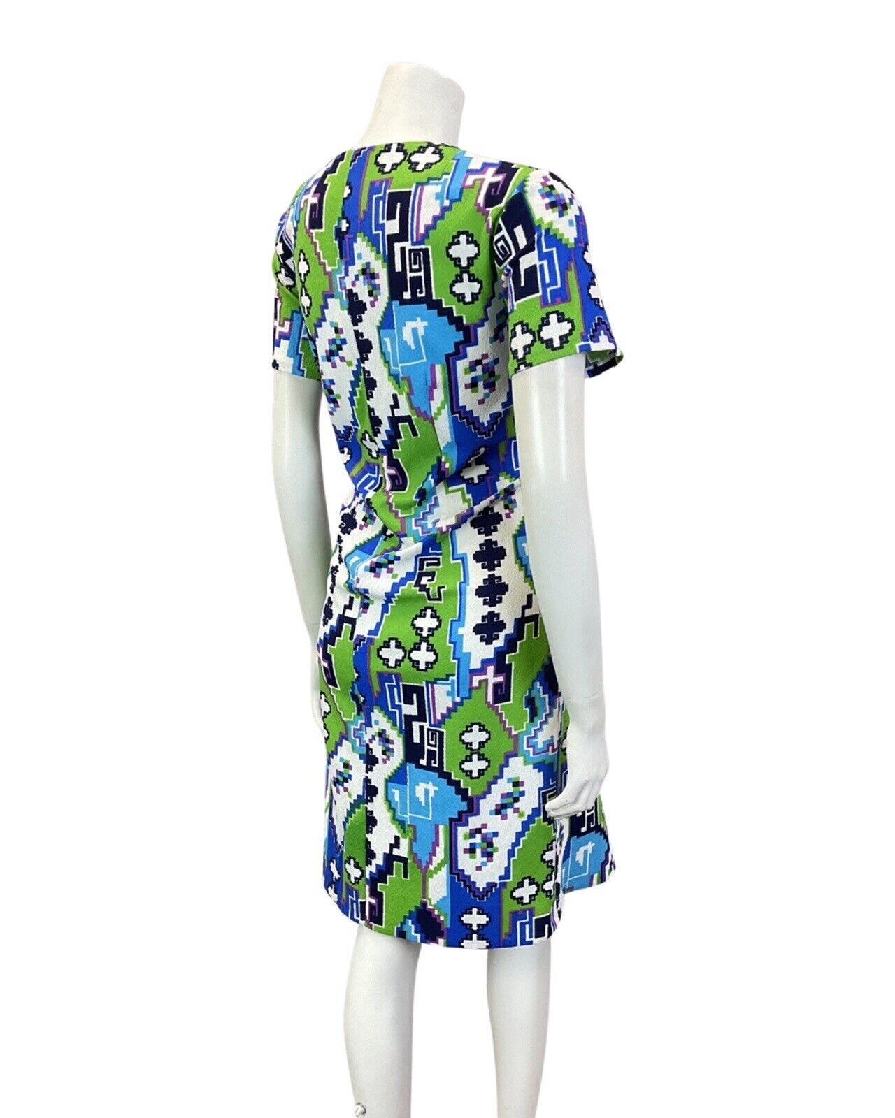 VINTAGE 60s 70s BLUE GREEN WHITE GEOMETRIC PSYCHEDELIC PIXEL MOD DRESS 14 16