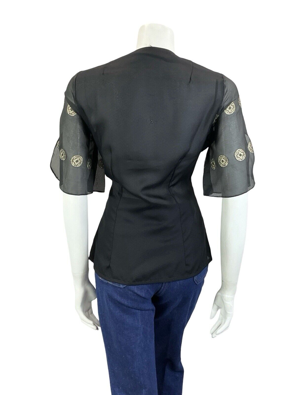 VTG 70S BLACK GOLD ART DECO FLOATY SLEEVE WING COLLAR FITTED PARTY TOP 10
