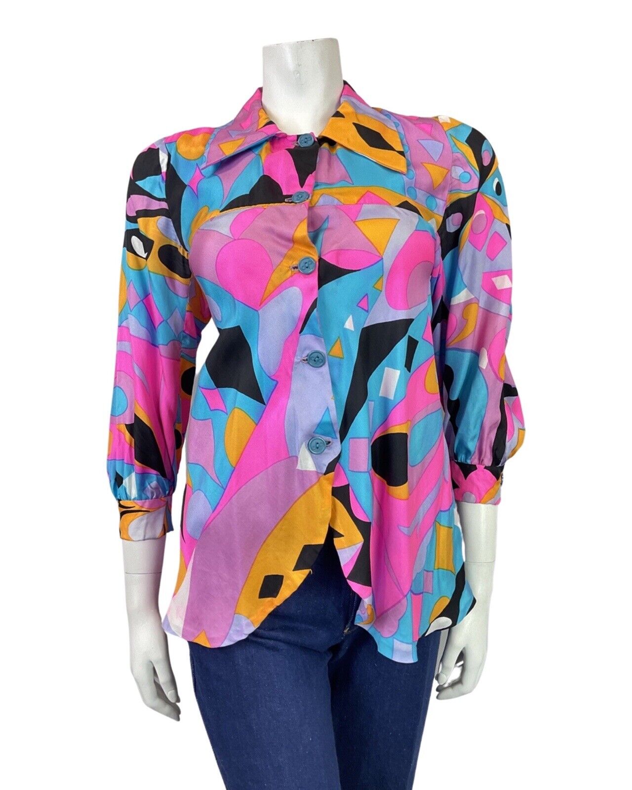 VINTAGE 70s 80s PINK BLUE BLACK PSYCHEDELIC GEOMETRIC FLOATY BLOUSE SHIRT 8 10