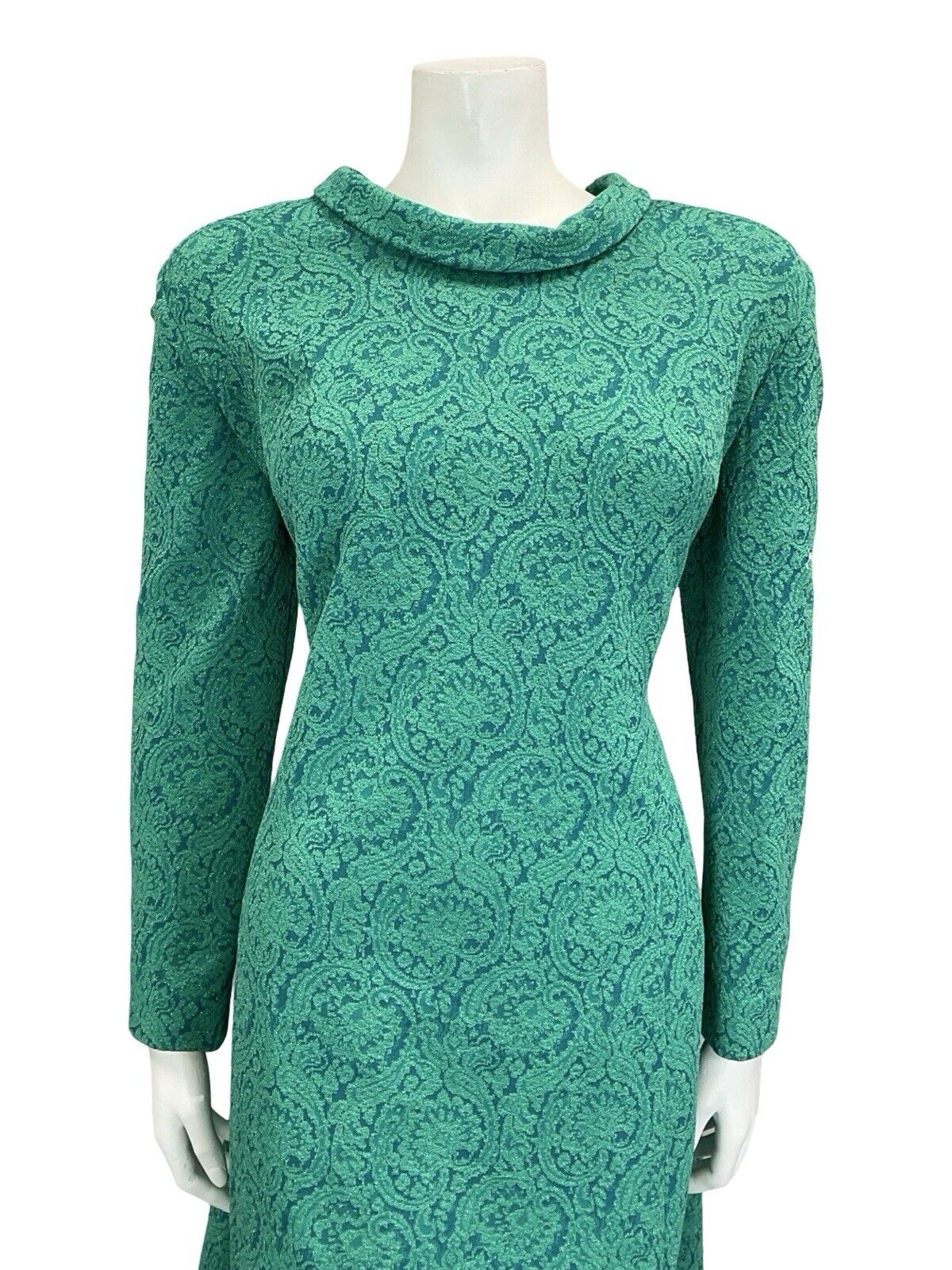 VTG 60S TEAL BLUE GREEN SPARKLY PAISLEY ROUNDED COLLAR PARTY MIDI DRESS 16
