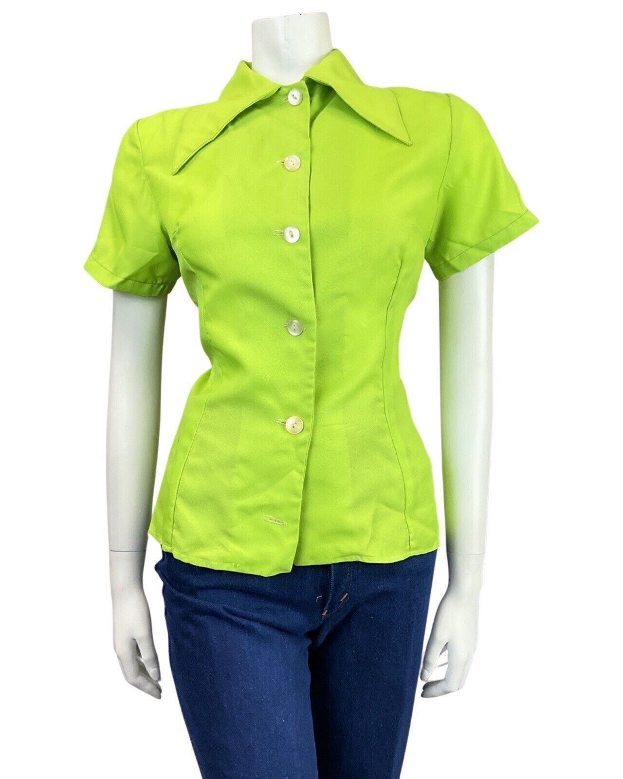 VINTAGE 60s 70s LIME GREEN DAGGER COLLAR SHORT SLEEVE MOD SHIRT 12 14