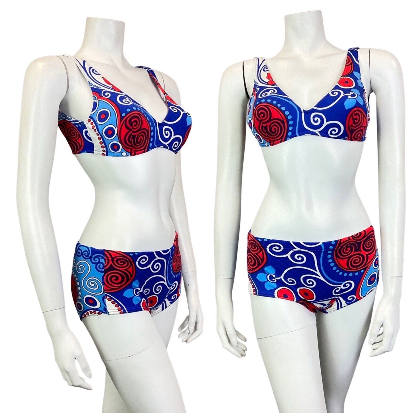 VINTAGE 60s BLUE RED WHITE PSYCHEDELIC SWIRL BIKINI SWIM SET BRALETTE SHORTS 4 6