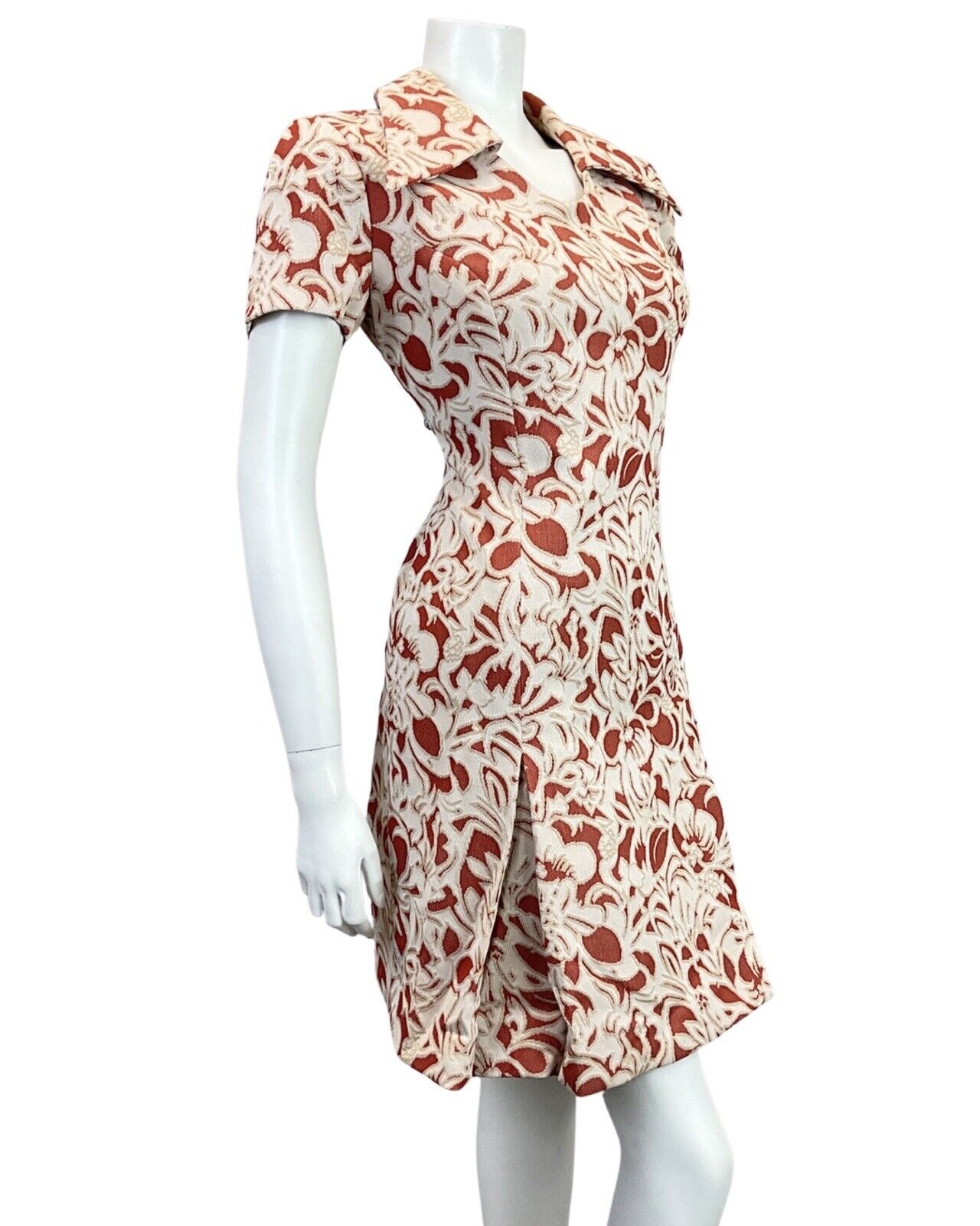 VINTAGE 60s 70s CREAM WHITE RED FLORAL PSYCHEDELIC MOD DAGGER COLLAR DRESS 14