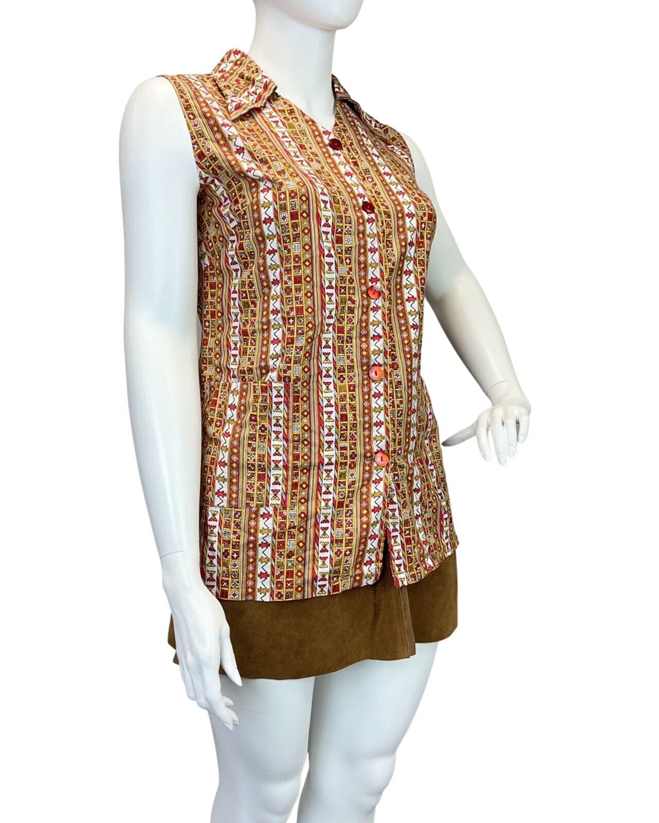 VINTAGE 60s 70s YELLOW RED WHITE GEOMETRIC AZTEC SLEEVELESS DAGGER SHIRT 14 16
