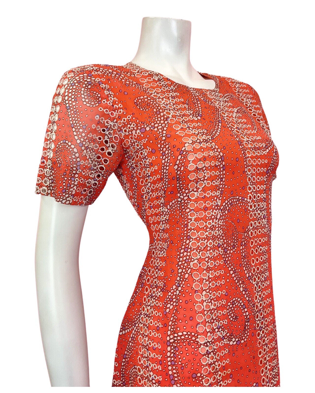 VINTAGE 60s 70s ORANGE WHITE PURPLE CUT-OUT SWIRL DOTTY MOD SHORT DRESS 8 10