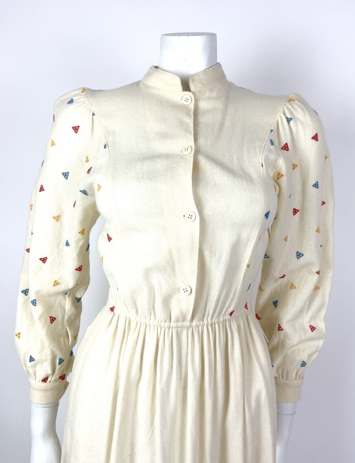 VINTAGE 70s 80s CREAM RED BLUE EMBROIDERED GEOMETRIC FOLK BOHO WOOL DRESS 6