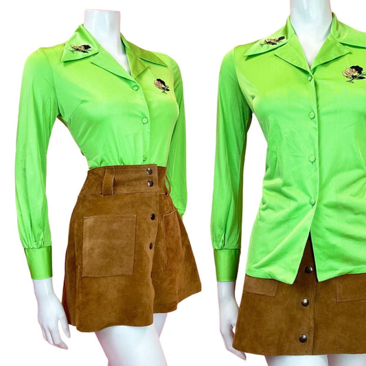 VINTAGE 70s 90s LIME GREEN BLACK EMBROIDERED ROSE MOD DAGGER SHIRT 8 10